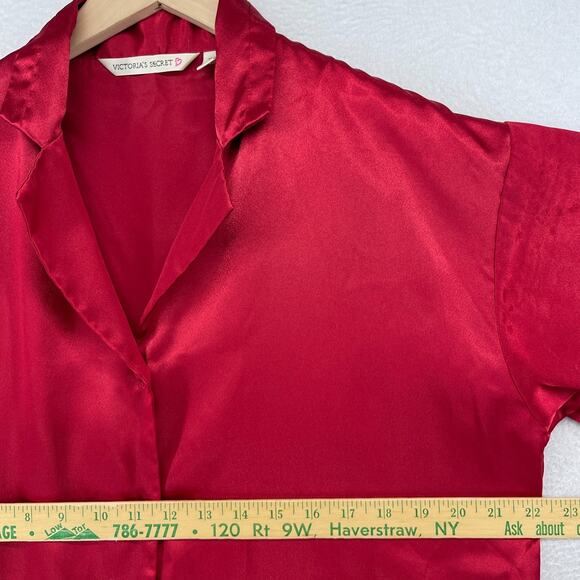 VICTORIA SECRET Top XS Satin Pajama Sleep Shirt Button Up Short Sleeve Red - Picture 10 of 12